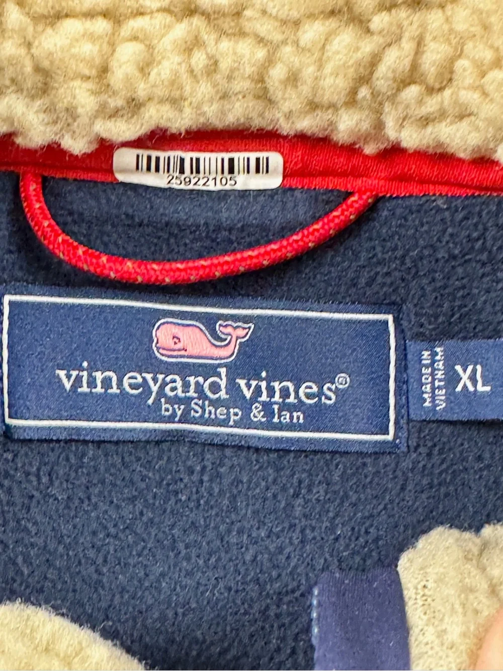 Vineyard Vines Vest Mens XL Cream Sherpa Navy Full Zip Pockets Outdoor Collared